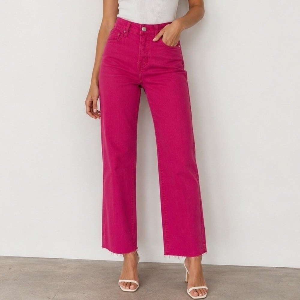 Risen Straight Leg Jeans 0/24 Fuchsia High Rise Raw Hem Barbiecore Streetwear